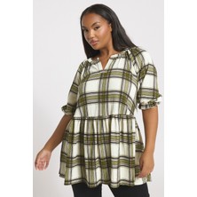 Stil Diva Büyük Beden Kısa Kollu V Yaka Fırfırlı Beli Lastikli Kareli T-Shirt 322964