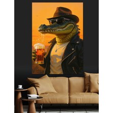 Karizma Tablo Bira Içen Timsah Adam Dekoratif Kanvas - Mdf Ahşap Tablo