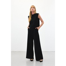 Sateen Geniş Paça Pantolon - Siyah