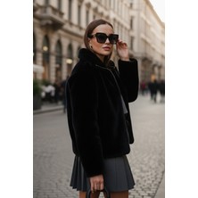 Lela Oversize Fit Gömlek Yaka Cepli Astarlı Kürk Mont Bayan Kürk 497BERRY