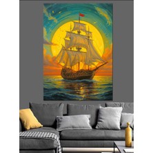 Artmeg Denizde Gemi Dolunay Manzarası Dekoratif Kanvas - Mdf Ahşap Tablo