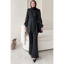 Tesettür Diyarı Kışlık Scuba Kumaş Bağlamalı Şule Tesettür Takım- Siyah