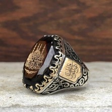 Canka Kehribar Taşlı Köşeli Cami Gümüş Erkek Yüzük
