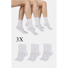 ERENART Bambu Kadın Lastiksiz Beyaz Fırfırlı Soket Dikişsiz Çorap 3'lü Paket Iz Bırakmaz Sıkmayan Çorap