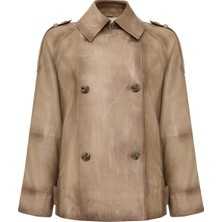 Derimod Estel Kadın Bej Kruvaze Yaka Oversize Deri Ceket 25SGE5626NC