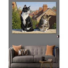 Artmeg Çatıda Oturan Kedi Dostlar Dekoratif Kanvas - Mdf Ahşap Tablo