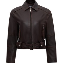 Derimod Love Kadın Kahverengi Gömlek Yaka Vintage Oversize Deri Ceket 25WGD5607VD