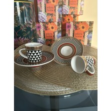 Edora Home Türk Kahvesi Fincan Takımı Siyah Beyaz Desenli Bordo Çerçeveli 2 Kişilik 4 Parça