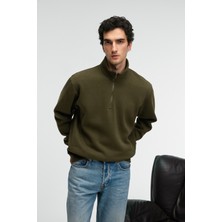 Grimelange Baxter Erkek Dik Yakalı Fermuarlı Relaxed Koyu Haki Sweatshirt