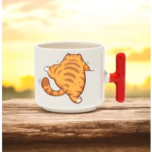 BB Design Tırmanan Kedi Tasarımlı Kırmızı T Kulplu Seramik Baskılı Kupa Bardak 250 ml