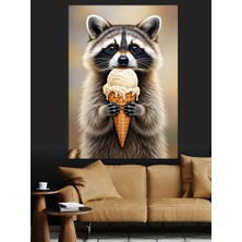 Artmeg Dondurma Yiyen Sevimli Rakun Dekoratif Kanvas - Mdf Ahşap Tablo