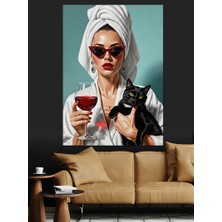 Artmeg Bornozlu Kadın ve Kedi Dekoratif Kanvas - Mdf Ahşap Tablo