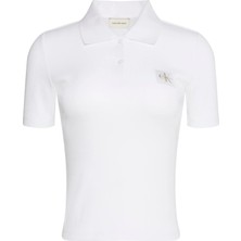 Calvin Klein Kadın Beyaz Calvin Klein A - Woven Label 2x2 Rıb Polo Beyaz Kadın Polo T-Shirt