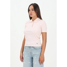 Calvin Klein Kadın Pembe Calvin Klein A - Woven Label 2x2 Rıb Polo Pembe Kadın Polo T-Shirt