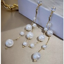 Er Takı Gold Renkli Taşlı Uzun Inci Sallantılı Şık Nişan Kına Nikah Düğün Abiye Küpe