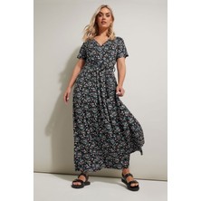 Stil Diva Büyük Beden V Yaka Kısa Kollu Beli Kuşaklı Çiçek Desenli Maxi Elbise 304081