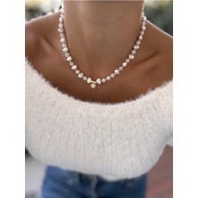 Hercy Barok Incili ve Kırık Cam Boncuklu Zirkon Taş Kolye | Beyaz Kolye | Tek Taş Kolye