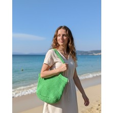 Artepieza Yeşil El Örgüsü Rafya Ip File Plaj Çantası 48X30-HANDMADE Yazlık Plaj File Market Omuz Çantası Büyük Boy