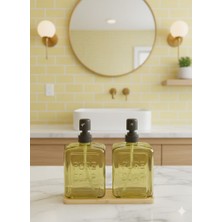 ELDA Home Banyo Mutfak Sıvı Sabunluk Seti Cam Sarı Kare