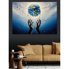 Karizma Tablo Avuç Içinde Dünya Küresi Dekoratif Kanvas - Mdf Ahşap Tablo