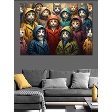 Karizma Tablo Yağmurluk Giyen Kedi Grubu Dekoratif Kanvas - Mdf Ahşap Tablo