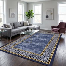 Carpettex Lacivert Zemin Altın Detaylı Oryantal Bordürlü Dijital Baskılı Kaymaz Tabanlı Yıkanabilir Halı