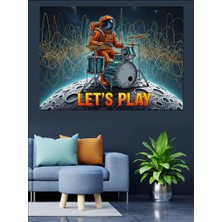 Bateri Çalan Astronot Çizimi Dekoratif Kanvas - Mdf Ahşap Tablo