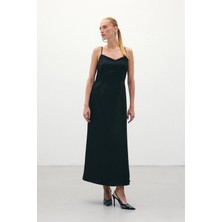 Sateen Askılı Uzun Saten Elbise - Siyah