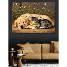 Artmeg Uyuyan Kedi ve Köpek Dekoratif Kanvas - Mdf Ahşap Tablo