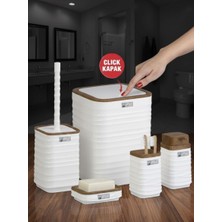 Okyanus Home Beyaz Ahşap Görünümlü Dalgalı Desenli 5'li Banyo Seti Modern Stil ve Kolay Temizlik