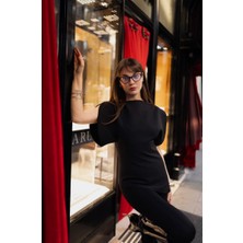 BRTC Design Kadın Siyah Balonkol Asimetrik Tasarım Bluz