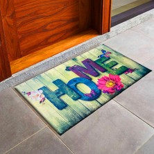 VibeHome "home" Yazılı Çiçek Desenli 65X45 Kapı Önü Kilimi - Rengarenk Yıkanabilir Dış Paspas