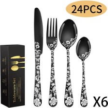 Partenya Desenli Siyah Renk Premium Paslanmaz Çelik 24 Parça Çatal Kaşık Bıçak Takımı – 6 Kişilik Sofra Seti