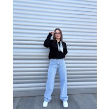 A.T.Kıds-Women Kadın Taş Mavisi İnci Detaylı Mom Jean Pantolon