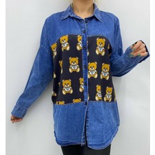 Miskoza Oversize Kot Gömlek Ayıcık Desenli, Günlük Sokak Stili Kadın Gömlek