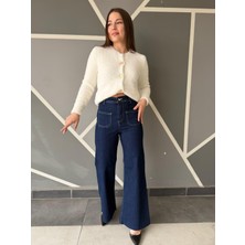 A.T. Kids-Women Yüksek Bel Ön Cep Detaylı Ispanyol Paça Lacivert Kadın Jean Pantolon