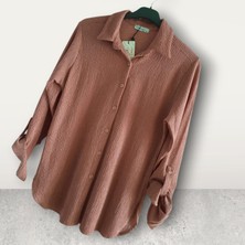 Gofre Kumaş Çizgili  Rahat Kesim Uzun Kollu Bayan Gömlek