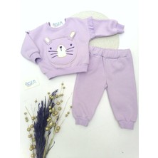 Koca Kedi Figürlü Fıfır Kol 3 Iplik Lila 2'li Takım Lila - 6 Ay