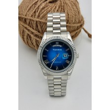 Tomris Tomrıs Tamamen Çelik, Su Geçirmez, Gümüş Kordon, Çift Takvimli Geçişli Gradyan Mavi Siyah Kadran Kol Saati