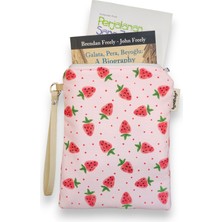 Ayza Stüdyo Pembe Çilek Desenli Portföy Clutch Çantası - Kozmetik Çanta - Çok Amaçlı Çanta (23X16 Cm)