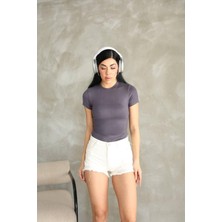 Moda Banuş Premıum Kalite Esnek Buzzy Kumaş Bisiklet Yaka Kısa Kol Basic Body