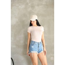 Moda Banuş Premıum Kalite Bej Esnek Buzzy Kumaş Bisiklet Yaka Kısa Kol Basic Body