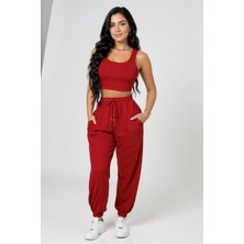 Kadın Kırmızı Kaşkorse Cepli Jogger Eşofman Altı ve Crop Top Bluz