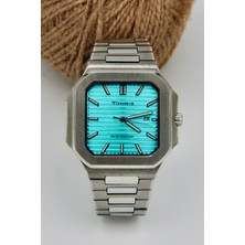 Tomris Tomrıs Tamamen Çelik, Su Geçirmez, Gümüş Kordon, Mavi Çizgili Kadran Erkek Kol Saati