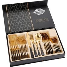 Partenya Premium 304 Paslanmaz Çelik 24 Parça Çatal Kaşık Bıçak Takımı – 6 Kişilik Sofra Seti Siyah Renk