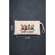 Maki Craft Meowy And Bright Yılbaşı Temalı Kedi Baskılı Fermuarlı Bez Kalemlik, Makyaj Çantası
