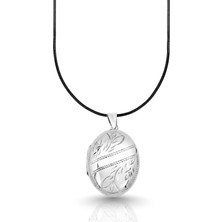 Oya Silver Lazer Işlemeli Oval Kapaklı Gümüş Kolye 4.5x2.7 cm [OYSKK050]