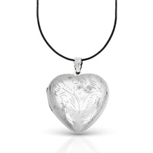 Oya Silver Iri Lazer Işlemeli Bombe Kalp Kapaklı Gümüş Kadın Kolye 5.3x4.2 cm [OYSKK048]