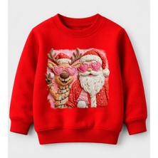 Efendioğlu Design Sweatshirt Kalpgözlü Geyik ve Noel Baba Baskılı Pamuklu 3 Iplik Çocuk Sweatshirt