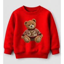 Efendioğlu Design Sweatshirt Nakış Görünümlü Kazak Giymiş Ayı Baskılı Pamuklu 3 Iplik Şardonsuz Çocuk Sweatshirt